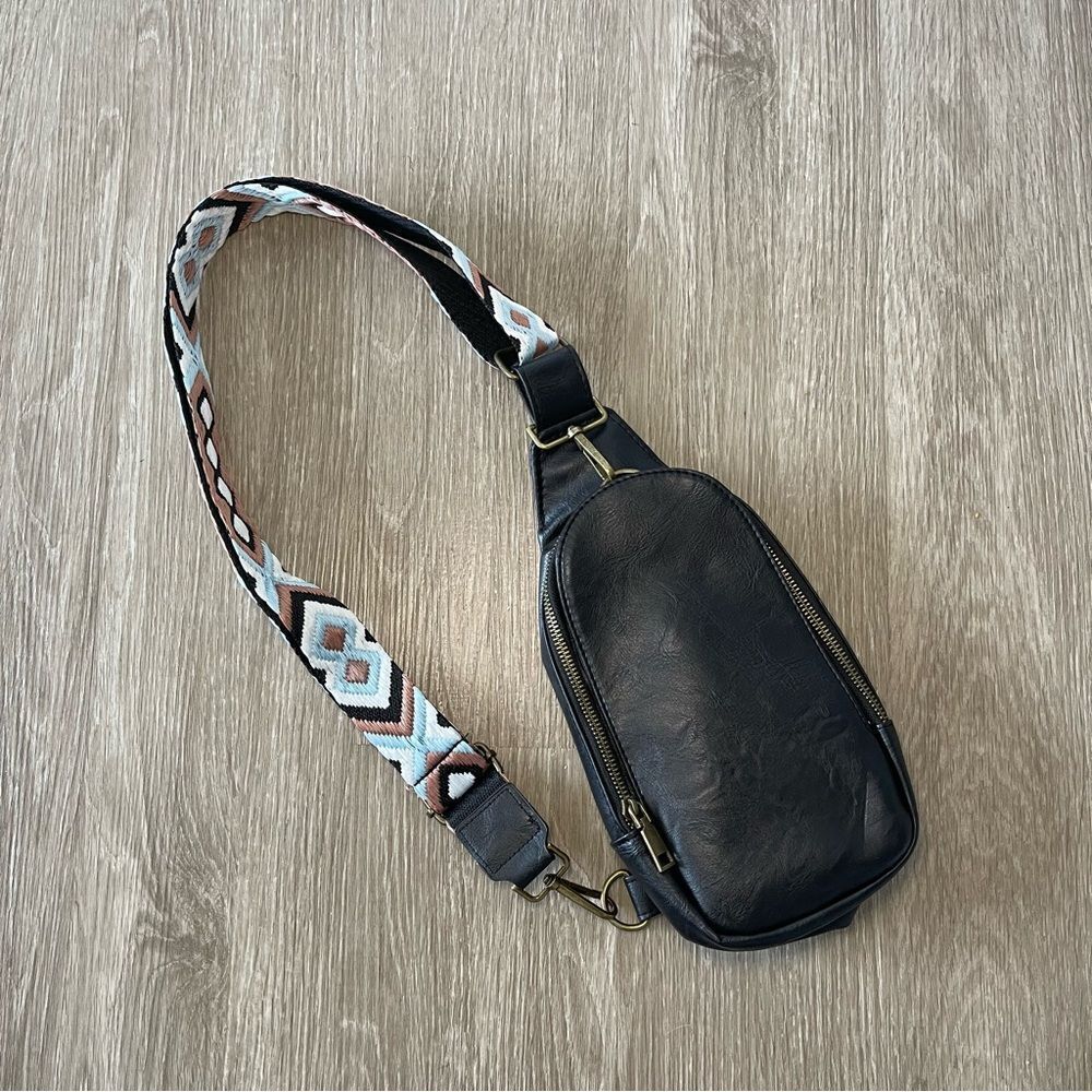New Black Vegan Leather Crossbody Sling Bag with Boho Guitar Strap